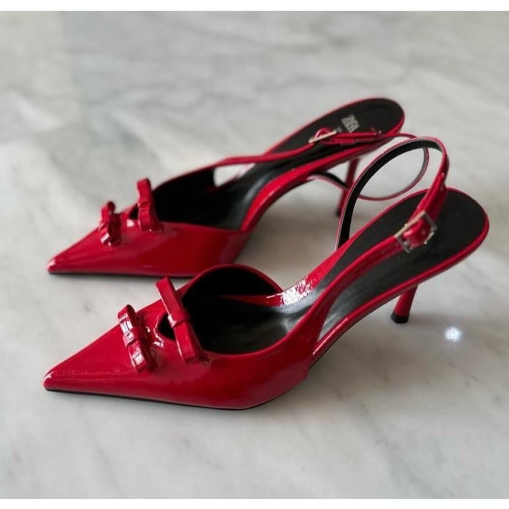 Zara Red Bow Slingback Heels Pointed Toe NWT - Picture 10 of 16